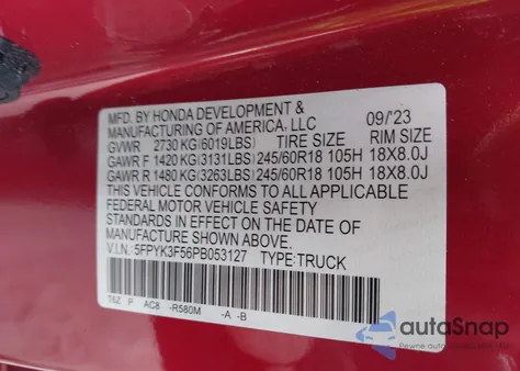 2023 Honda Ridgeline Rtl z USA, uszkodzony, nr VIN 5FPYK3F56PB053127